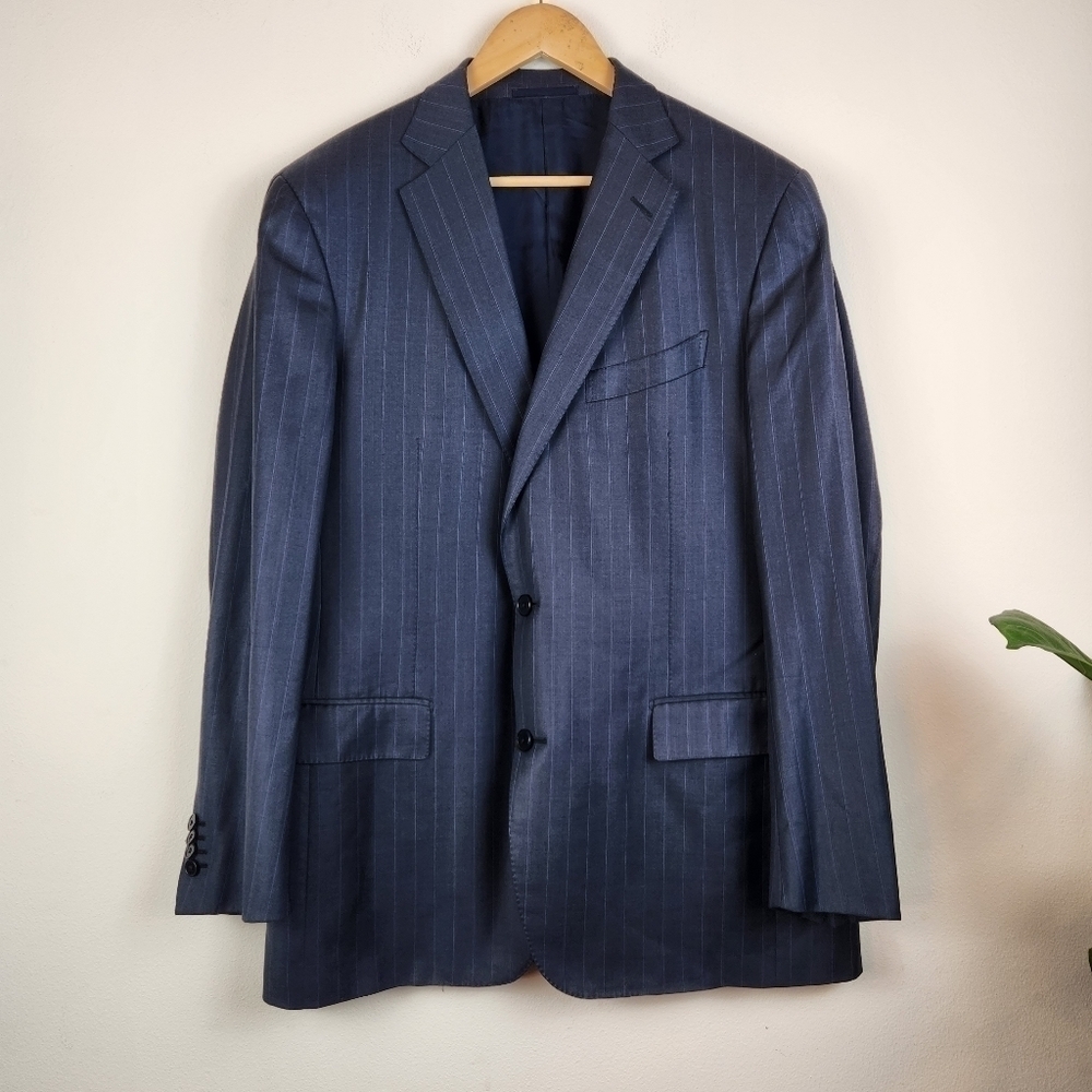 Ermenegildo Zegna Trofeo Silk Suit Jacket Blazer Size 54R Striped Navy